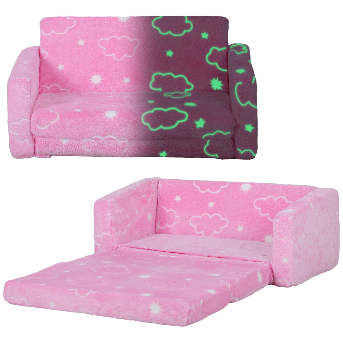 Qaba 2 In 1 Kids Sofa Chair, Toddler Couch With Glow In The Dark Cosmic Patten, Washable Cover, Fold Out Convertible Sofa To Lounger For Playroom Bedroom, Pink Pink Foam