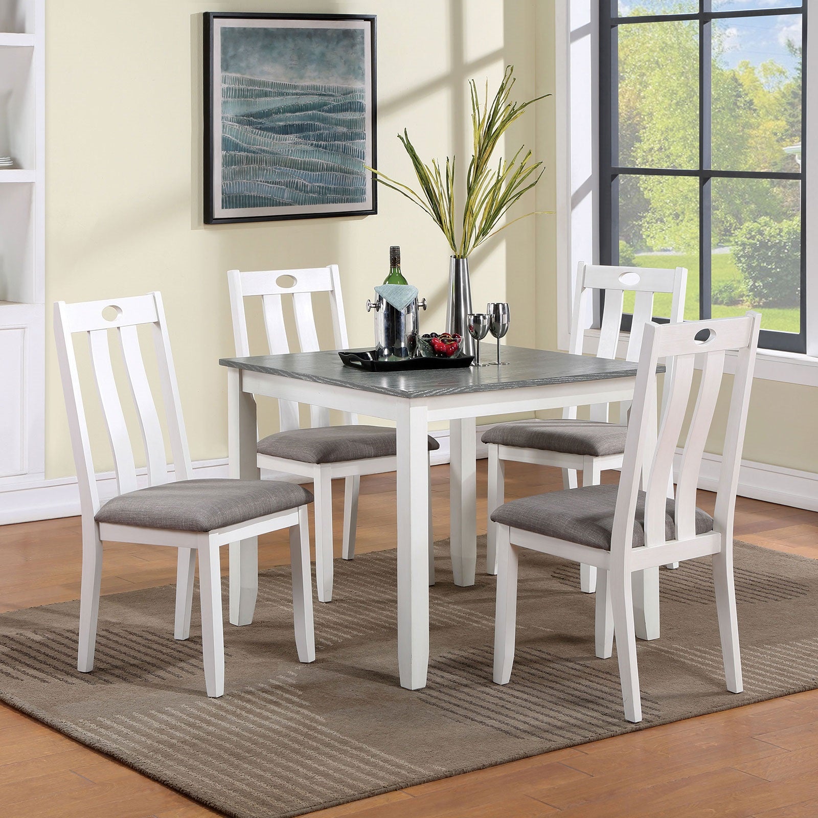 Modern White Solid Wood 5Pc Dining Set Table 4X Chairs Gray Fabric Cushions Seats Chairs Dining Room Wood Dining Room Solid Wood Square Dining Table With Chair Wood Wood White Gray Slat Back Seats 4 36 Inches Contemporary,Modern,Transitional 4 Leg