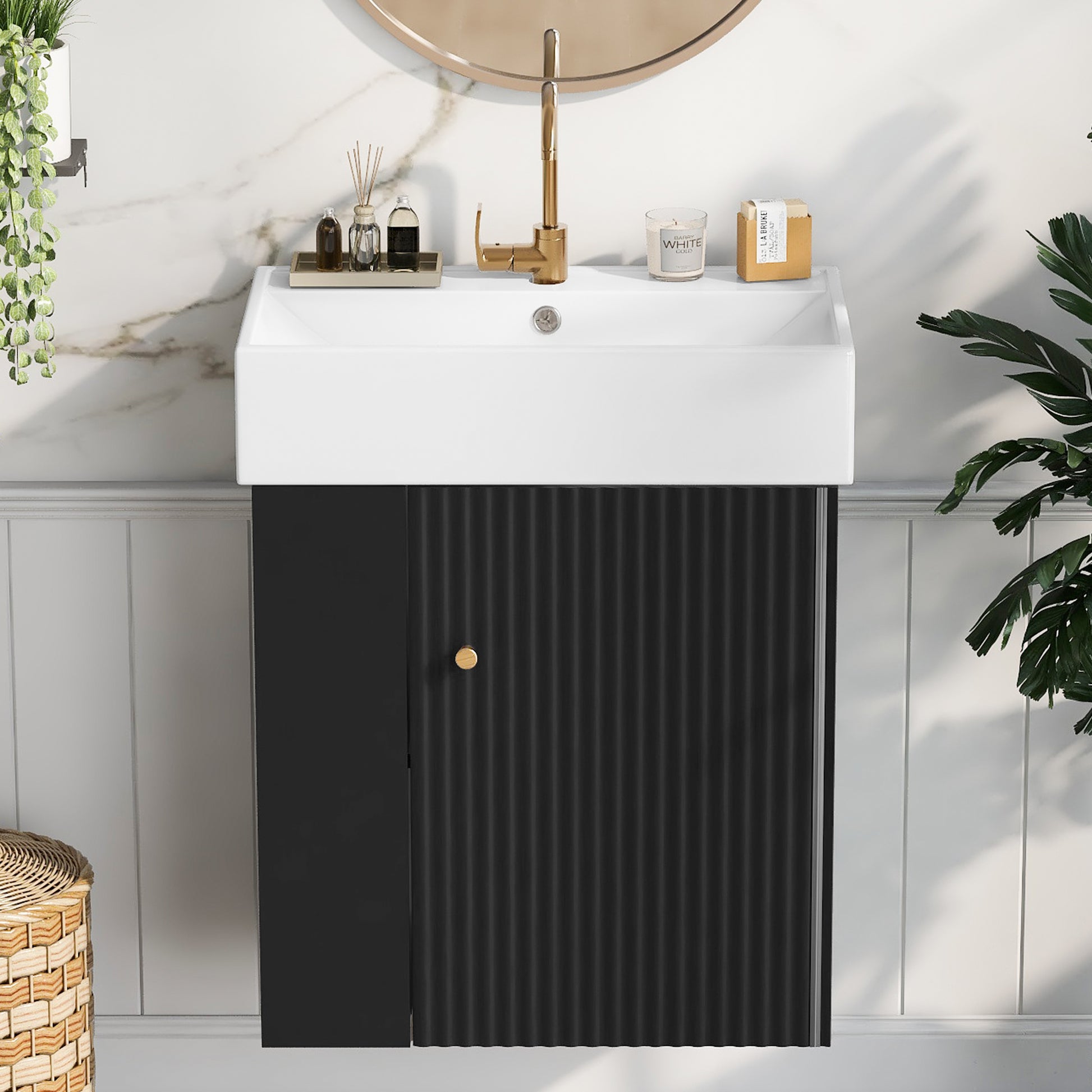Video 21.6 Inch Modern Floating Bathroom Vanity With Ceramic Basin Perfect For Small Bathrooms, Left Side Storage Black Bathroom Ceramic Mdf
