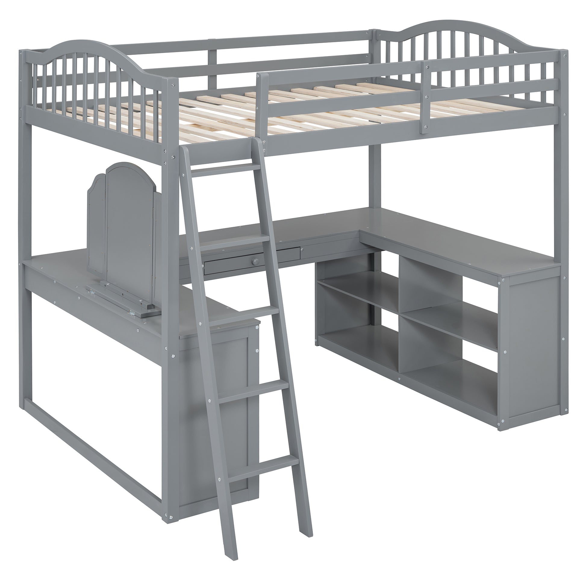 Full Wooden Loft Bed With U Shaped Desk,Storage Compartments And Tri Fold Mirror, Gray Gray Plywood,Solid Wood Mdf