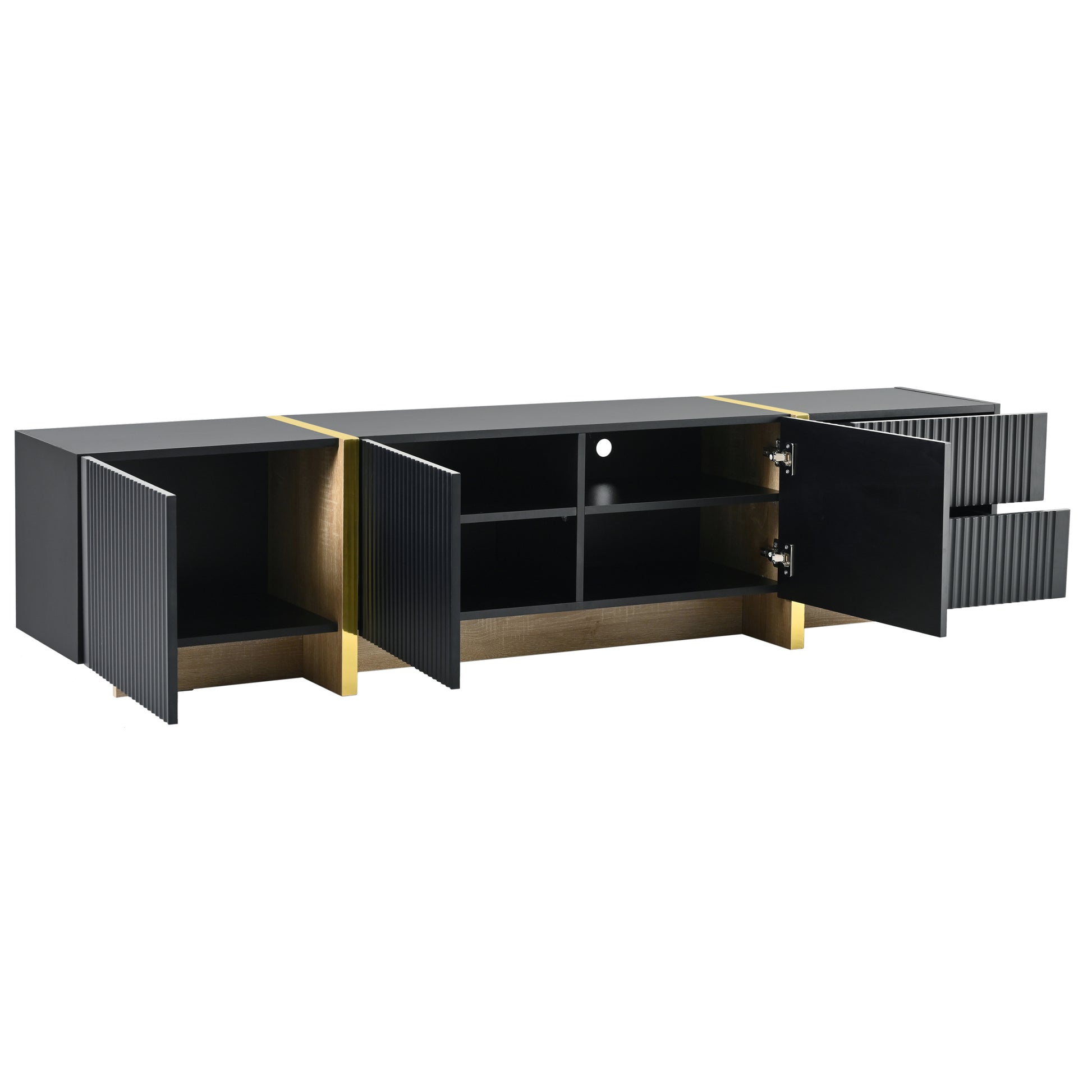 Luxury Fluted Tv Stand For Tvs Up To 80'', Modern Entertainment Center With Storage Cabinets & Drawers, Smooth Media Console With Golden Wood Grain Legs For Living Room, Black Black Primary Living Space 80 89 Inches Particle Board Mdf