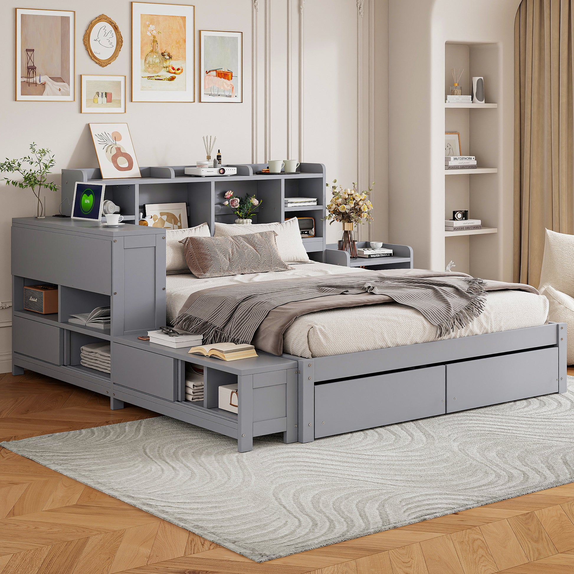 Full Size Wooden Platform Bed With Multi Functional Storage Space, Nightstand, 2 Drawers, Usb Ports And Desk, Gray Full Gray Wood