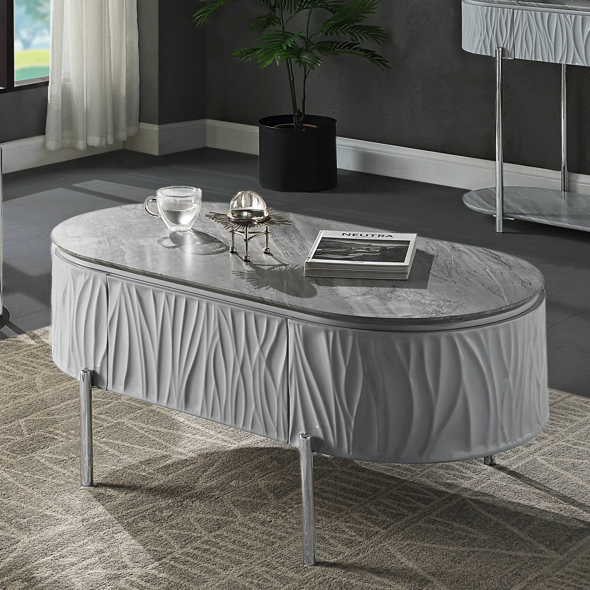 Grey High Gloss And Chrome Coffee Table Grey Silver Primary Living Space Oval Wood Metal