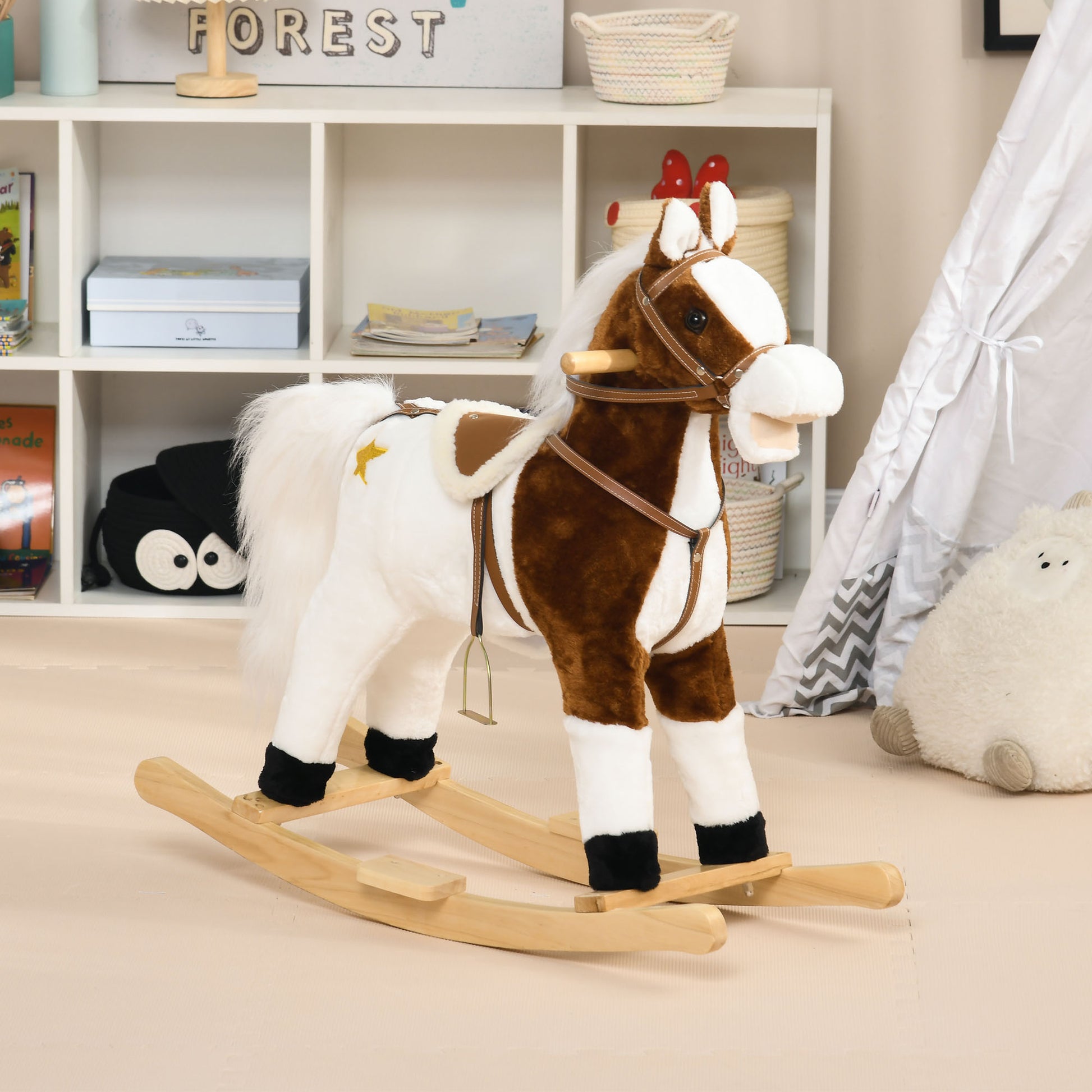 Qaba Rocking Horse With Sound, Ride On Horse With Saddle, Toddler Rocker, Gift For 3 8 Year Old, Brown Brown Plush