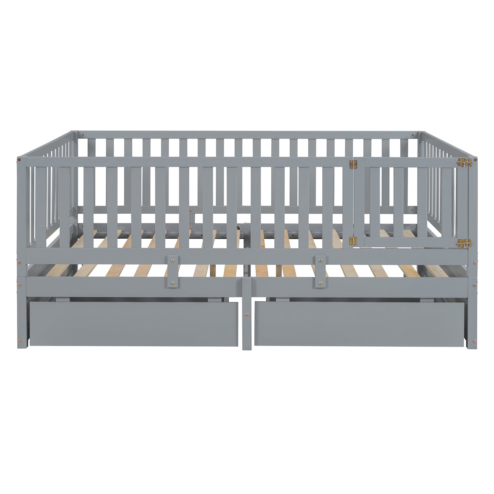 Full Size Wood Daybed With Fence Guardrails And 2 Drawers, Split Into Independent Floor Bed & Daybed, Gray Old Sku :Lp000882Aae Full Gray Solid Wood Mdf