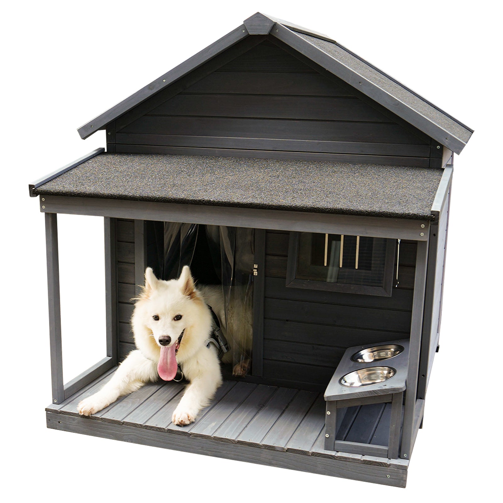 Large Balcony Doghouse, 44.2" Long X 44.6" Wide X 44.6" High Solid Wood Asphalt Roof Dog House For Large Dogs With Large Terrace, Weatherproof Large Dog House,Complimentary A Good Cleaning Mat Gray Solid Wood