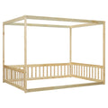 Full Size Canopy Frame Floor Bed With Fence, Guardrails,Natural Full Natural American Design Pine