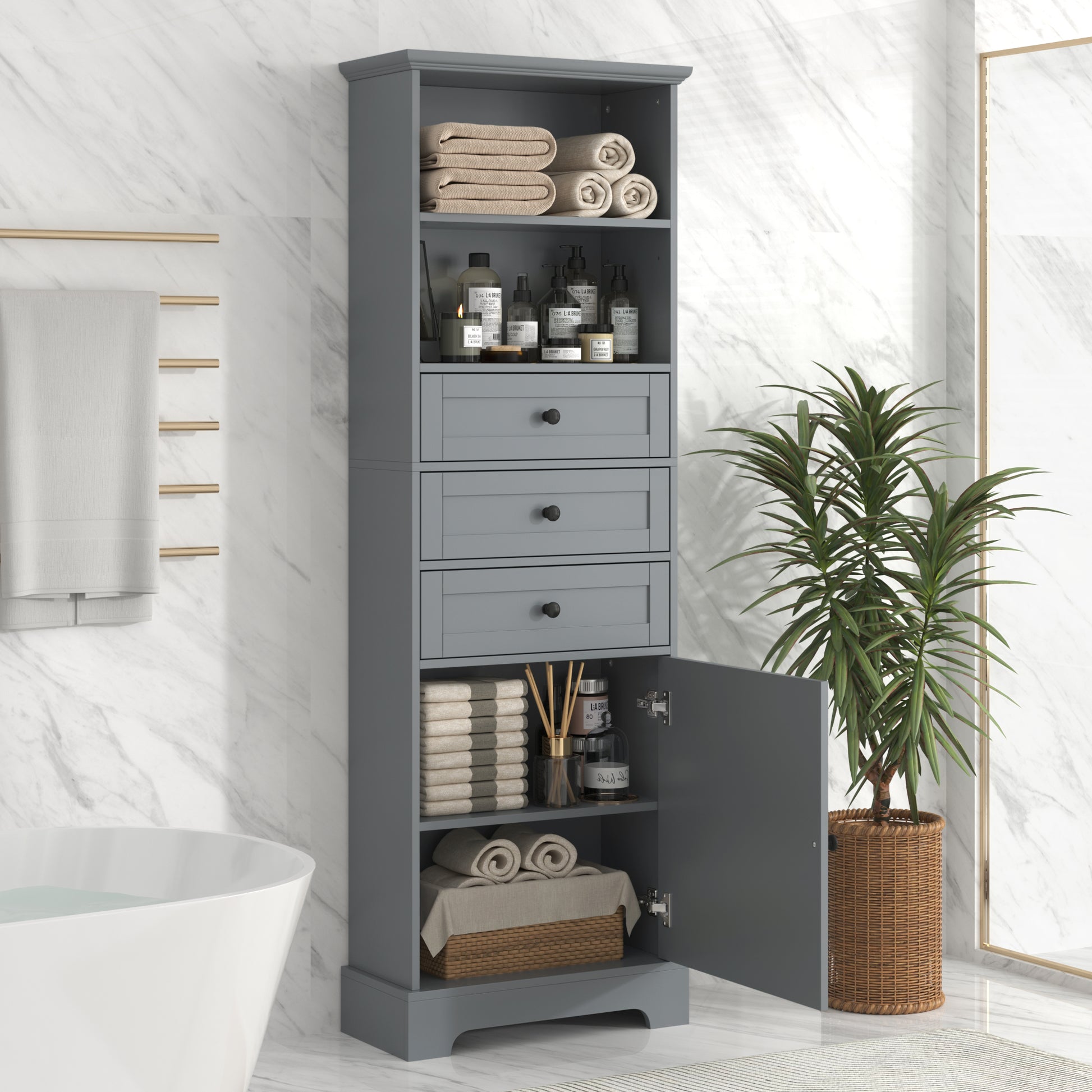 Gray Tall Storage Cabinet With 3 Drawers And Adjustable Shelves For Bathroom, Study, Office And Interior, Mdf Board With Painted Finish Gray Mdf