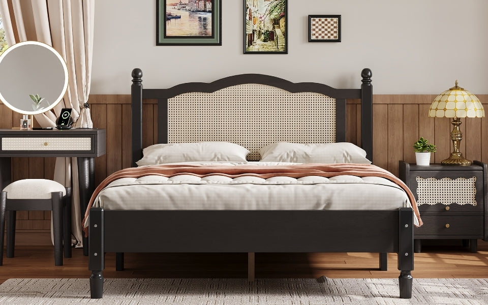 Full Size Wooden Platform Bed With Natural Rattan Headboard, Vintage Bed Frame With Wooden Slat Support, Black Expected Arrival Time: 08.23 Box Spring Not Required Full Black Wood