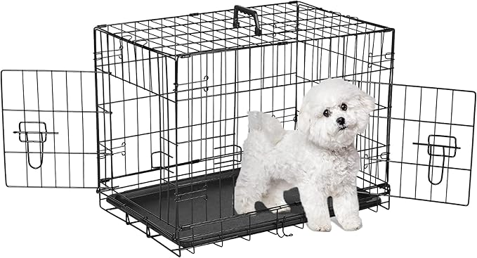 Folding Metal Wire Dog Crate, 24 Inch Durable, Foldable, Collapsible Double Door Dog Crate With Removable Leak Proof Pan, Portable Dogs Crate With Divider, Black Black Iron