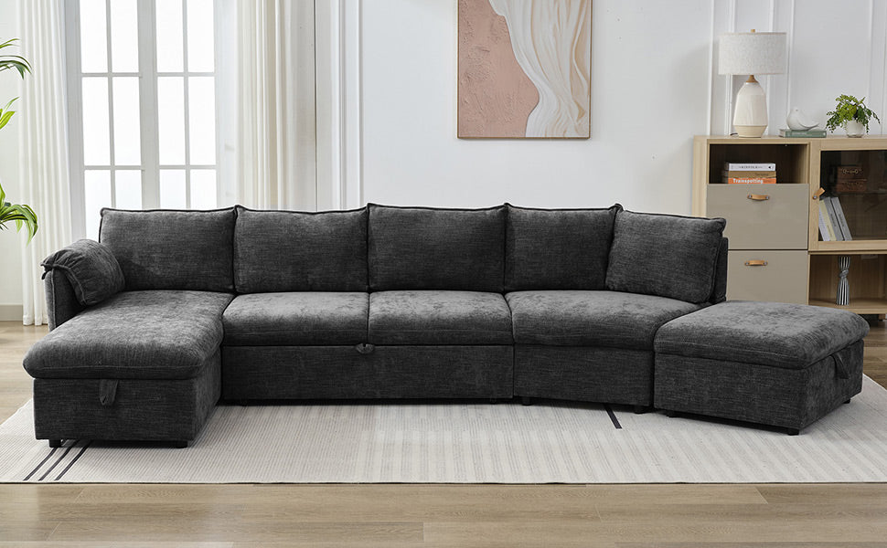 146.9" L Shaped Sofa Sectional Sofa Couch Pull Out Sofa Bed With A Movable Storage Ottoman, A Storage Chaise Lounge And Two Usb Ports For Living Room, Grey Grey Foam Linen 5 Seat