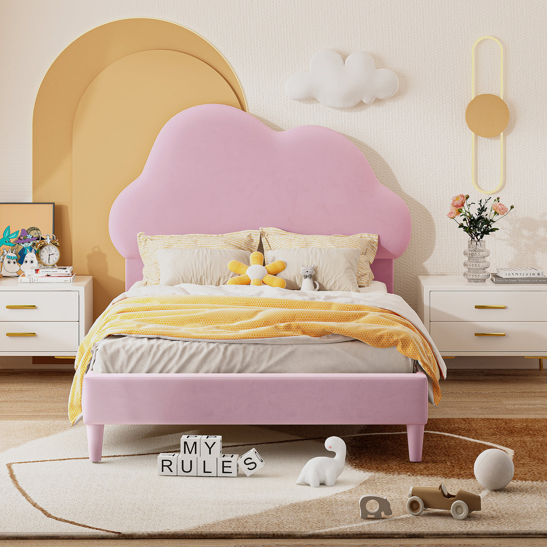 Twin Size Upholstered Cloud Shape Bed ,Velvet Platform Bed With Headboard,No Box Spring Needed,Pink Twin Pink Velvet