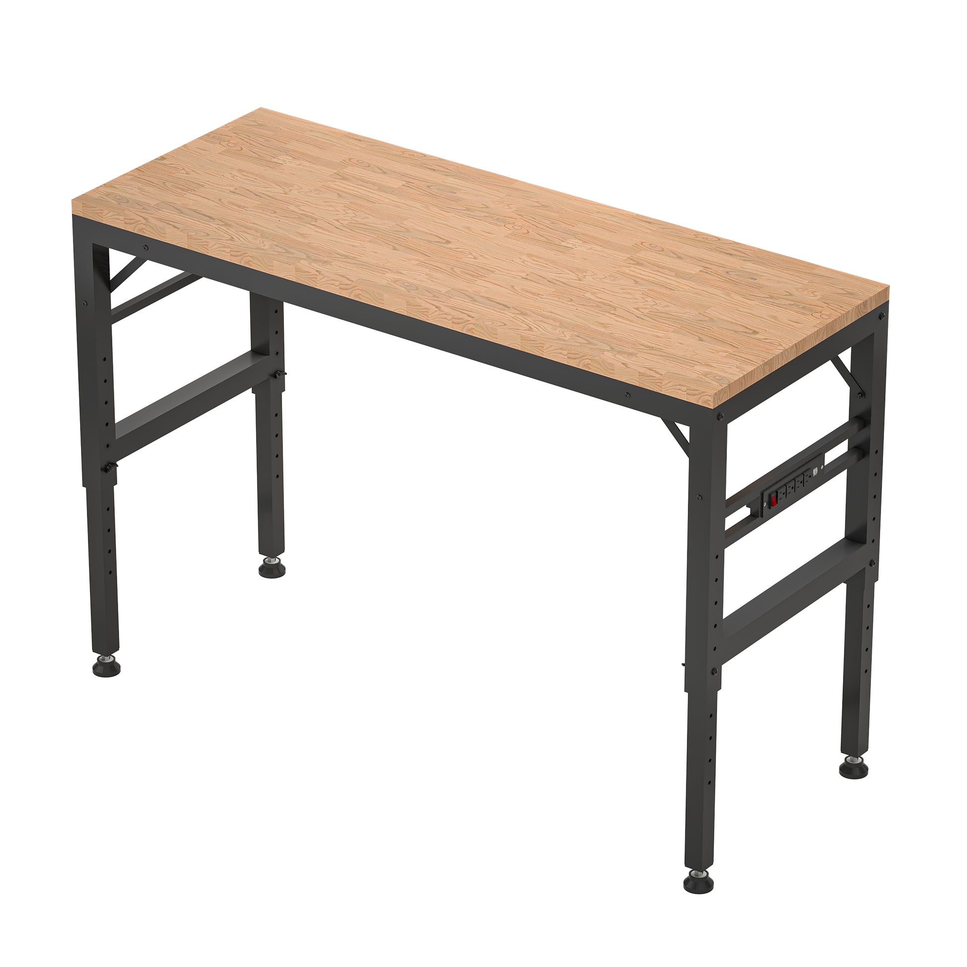 Adjustable Height Workbench, 60" Rubber Wood Top Heavy Duty Workstation With Power Outlets, 2000 Lbs Load Capacity Hardwood Worktable For Workshop, Garage, Office, Home, Commercial Black Metal & Wood