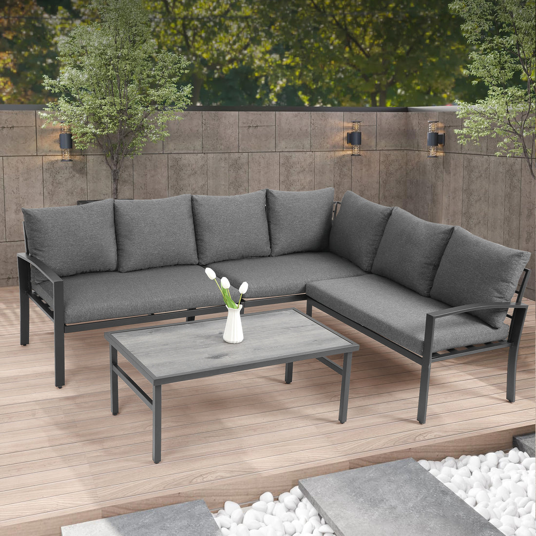 Grand Patio 4 Piece Patio Furniture Set, All Weather Outdoor Conversation Set Sectional Sofa With Water Resistant Beige Thick Cushions And Coffee Table Dark Gray Cotton Steel