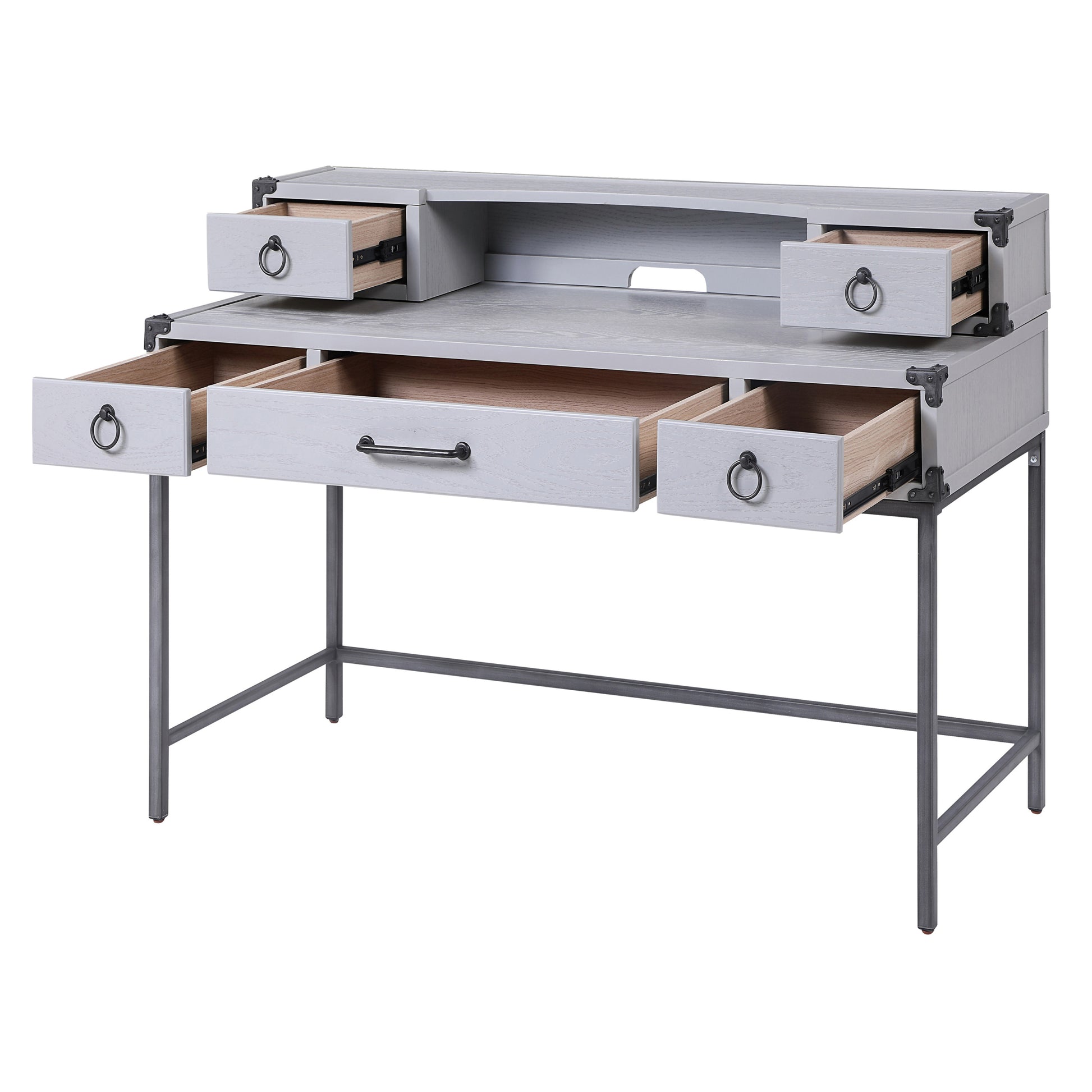 Grey And Gunmetal Writing Desk Grey Office Industrial Poplar Drawers Rectangular Wood Metal