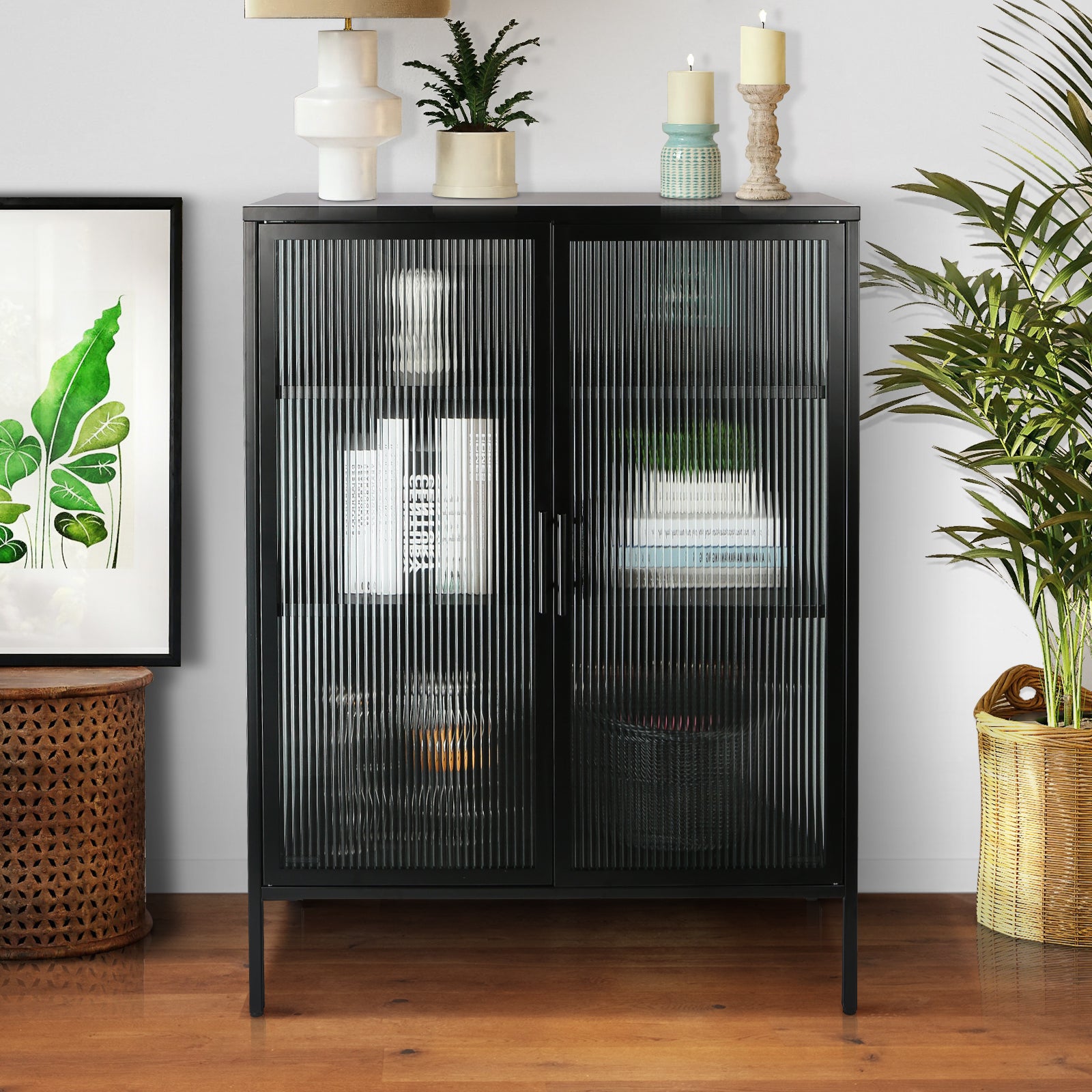 48 Inch Double Glass Door Storage Cabinet, Sideboard Cabinet With Adjustable Shelves And Feet Cold Rolled Steel Tempered Glass Sideboard Furniture For Living Room Kitchen Black Color Black Steel