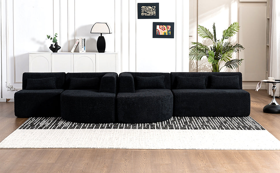 143.7" Upholstered Sofa Free Combined Sofa Couch With Two Chaise Lounge And Five Back Pillows For Living Room, Black Black Foam Polyester 5 Seat