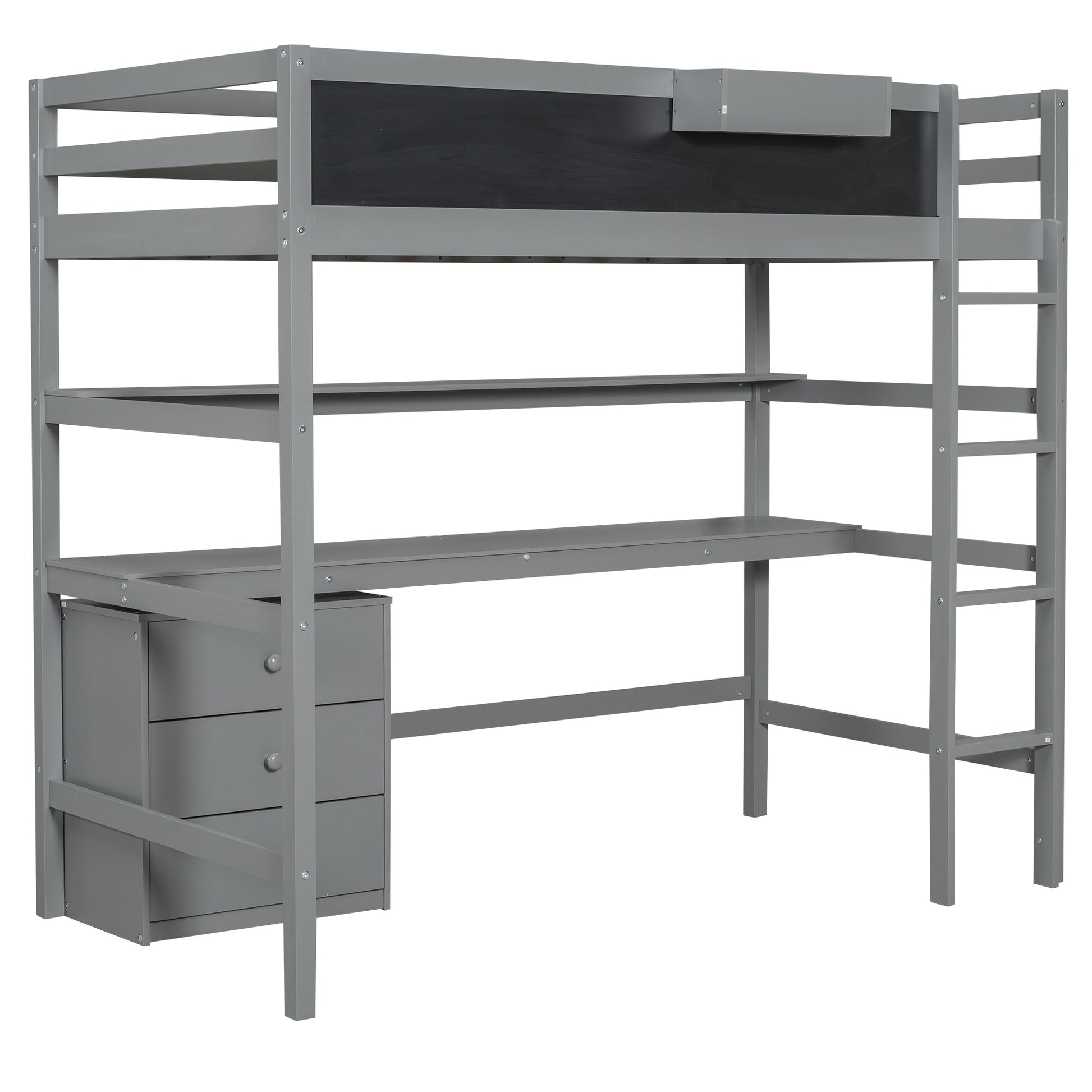 Wood Twin Size Loft Bed With Desk, Blackboard, Storage Box, Shelf And 3 Drawers, Gray Box Spring Not Required Twin Gray Wood Solid Wood Mdf