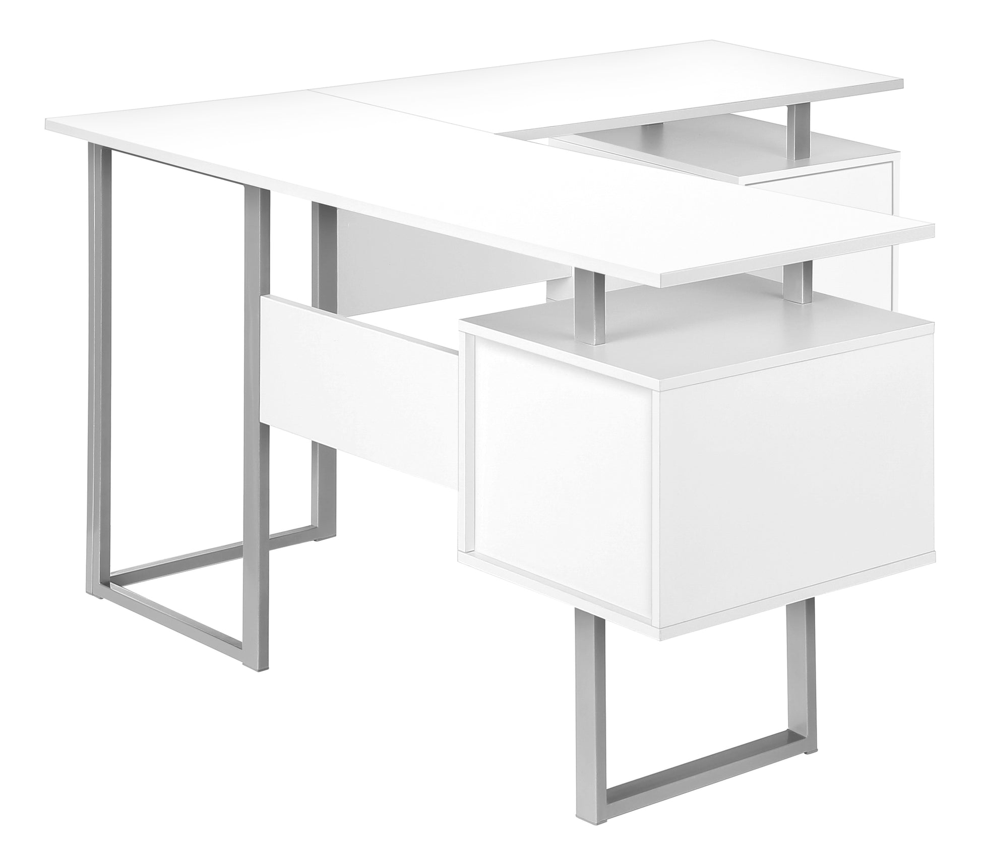 Computer Desk, Home Office, Corner, Storage, 58"L, L Shape, Work, Laptop, White Laminate, Grey Metal, Contemporary, Modern White Particle Board