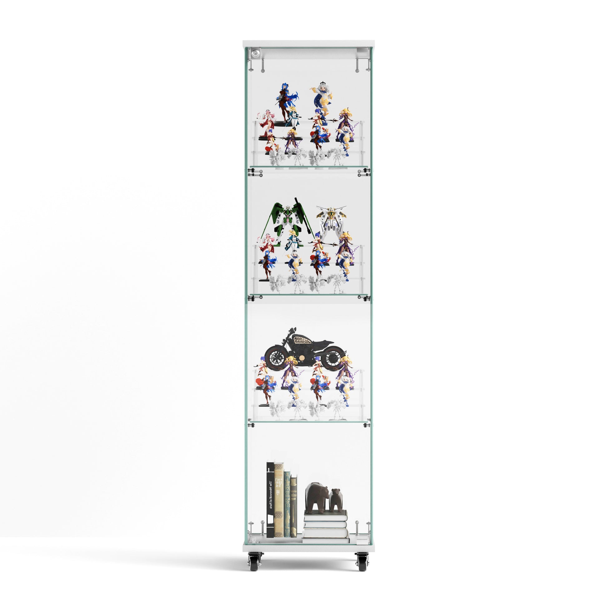 4 Tier Glass Display Cabinet, Single Door Glass Cabinet With Lock And Wheels, Floor Standing Storage Cabinet With 3 Acrylic Shelves For Living Room, Bedroom And Office, White, 15.8"L X 14.2"W X