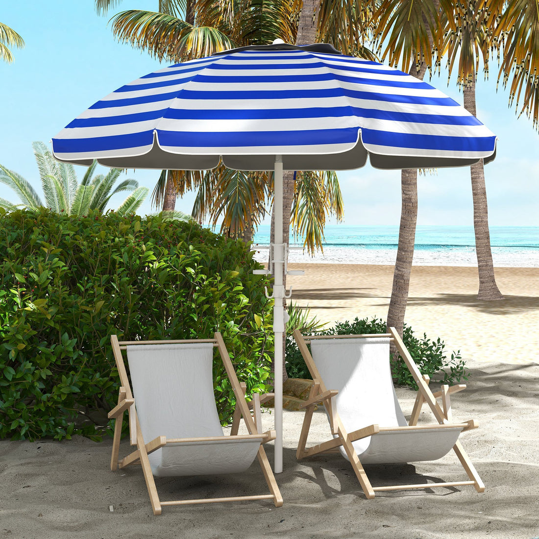 Outsunny 5.7' Portable Beach Umbrella With Tilt, Adjustable Height, 2 Cup Holders & Hooks, Uv 40 Ruffled Outdoor Umbrella With Vented Canopy, Blue White Stripe Colorful Polyester