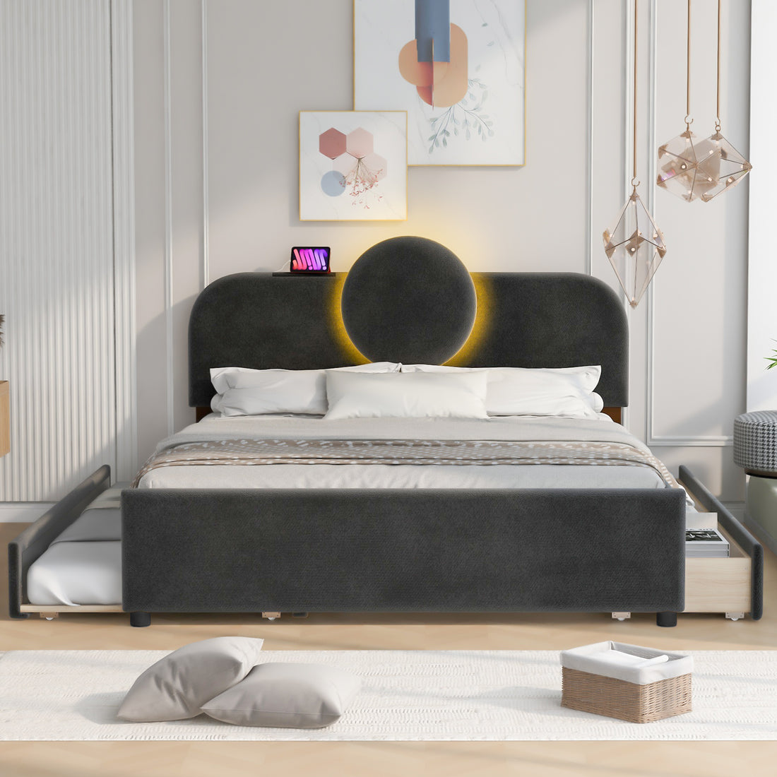 Queen Size Upholstered Platform Bed With Multi Functional Headboard, Trundle And 2 Drawers, Gray Box Spring Not Required Queen Gray Wood Bedroom Upholstered