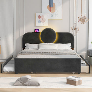 Queen Size Upholstered Platform Bed With Multi Functional Headboard, Trundle And 2 Drawers, Gray Box Spring Not Required Queen Gray Wood Bedroom Upholstered