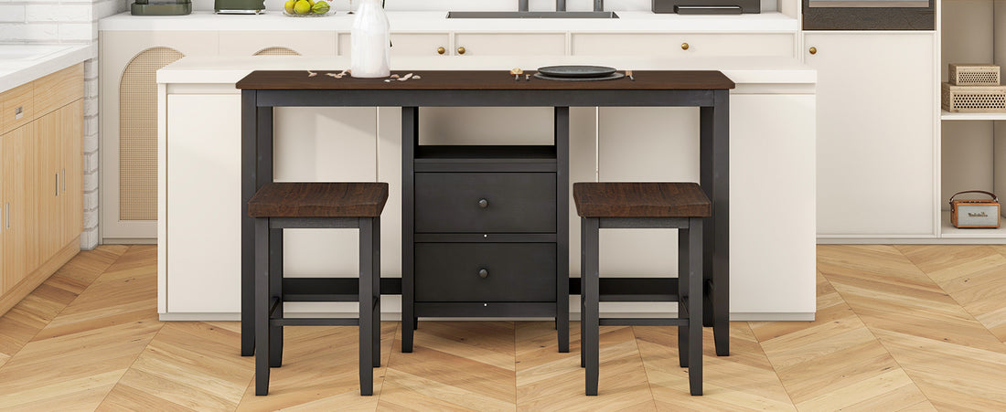 Farmhouse Rustic 3 Piece Counter Height Wood Dining Table Set With Cabinet,2 Storage Drawers And 2 Stools For Small Places,Black Cherry Wood Wood Cherry Seats 2 Wood Dining Room Farmhouse Rubberwood Rectangular Foam Solid Wood