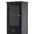 Tall Bathroom Storage Cabinet With Glass Doors, Free Standing, Two Drawers, And Adjustable Shelves, Mdf Board, Painted Black Perfect For Displaying Your Favorite Items 2 Black 2 4 Adjustable Shelves Bathroom Freestanding Partice Board Mdf Pine Wood