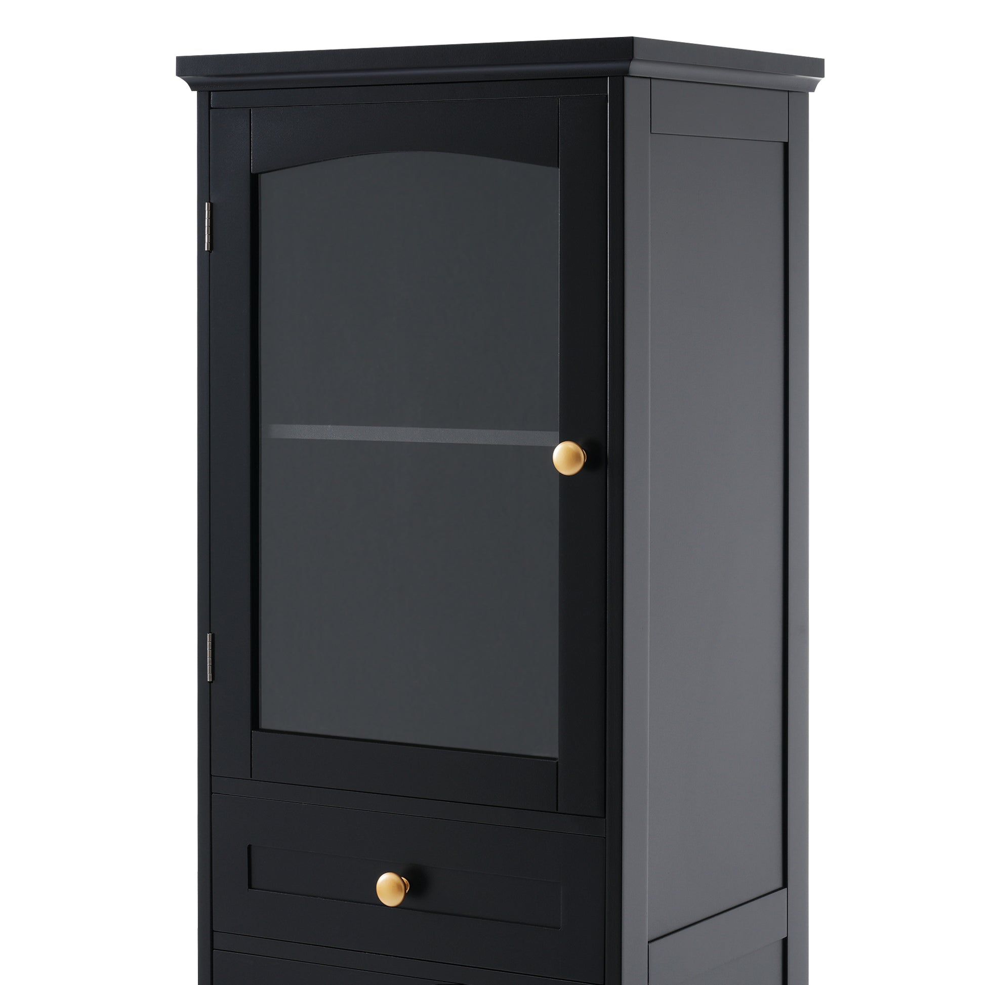 Tall Bathroom Storage Cabinet With Glass Doors, Free Standing, Two Drawers, And Adjustable Shelves, Mdf Board, Painted Black Perfect For Displaying Your Favorite Items 2 Black 2 4 Adjustable Shelves Bathroom Freestanding Partice Board Mdf Pine Wood