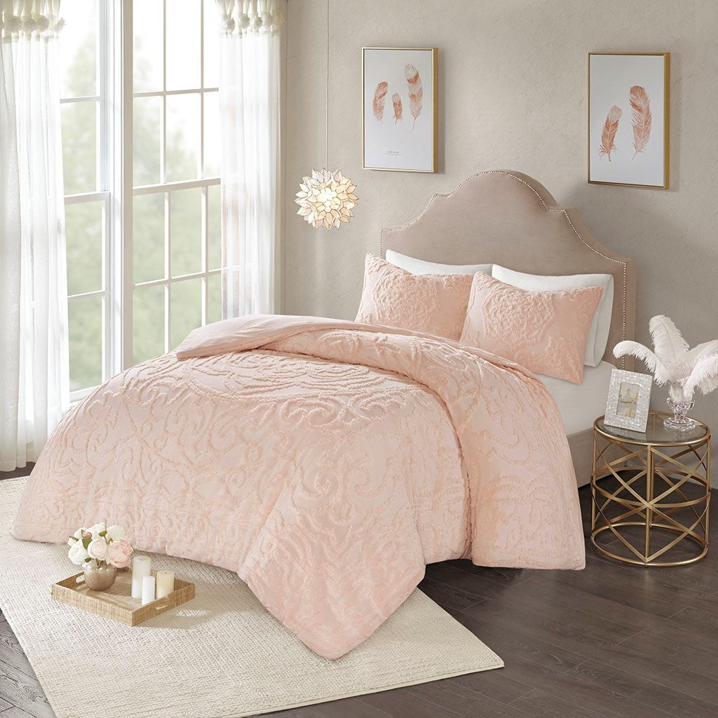 3 Piece Tufted Cotton Chenille Medallion Duvet Cover Set Queen Pink Cotton