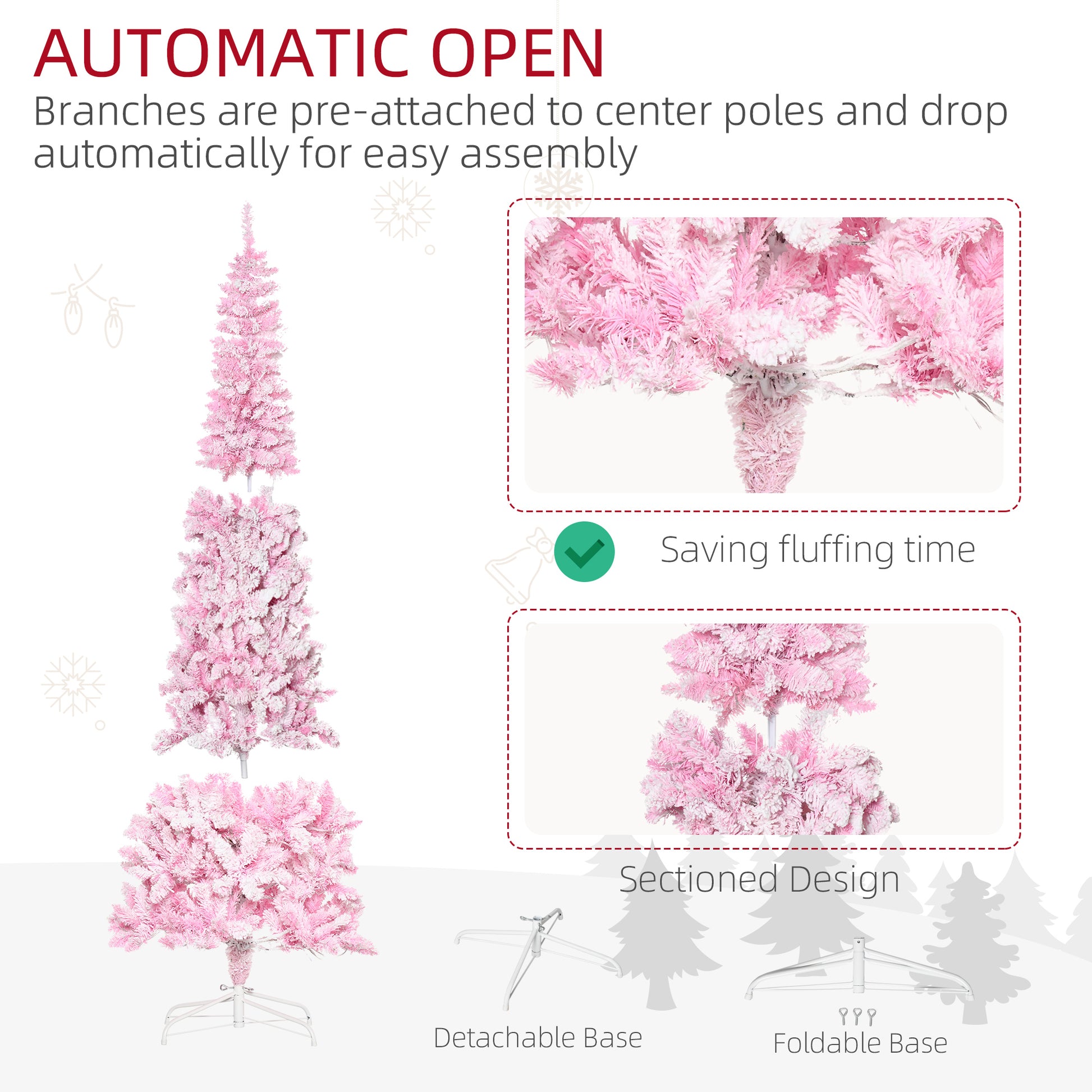 Homcom 7.5Ft Prelit Snow Flocked Artificial Christmas Tree With Pencil Shape, Pine Realistic Branches, Warm White Led Lights, Auto Open, Pink And White Pink Plastic