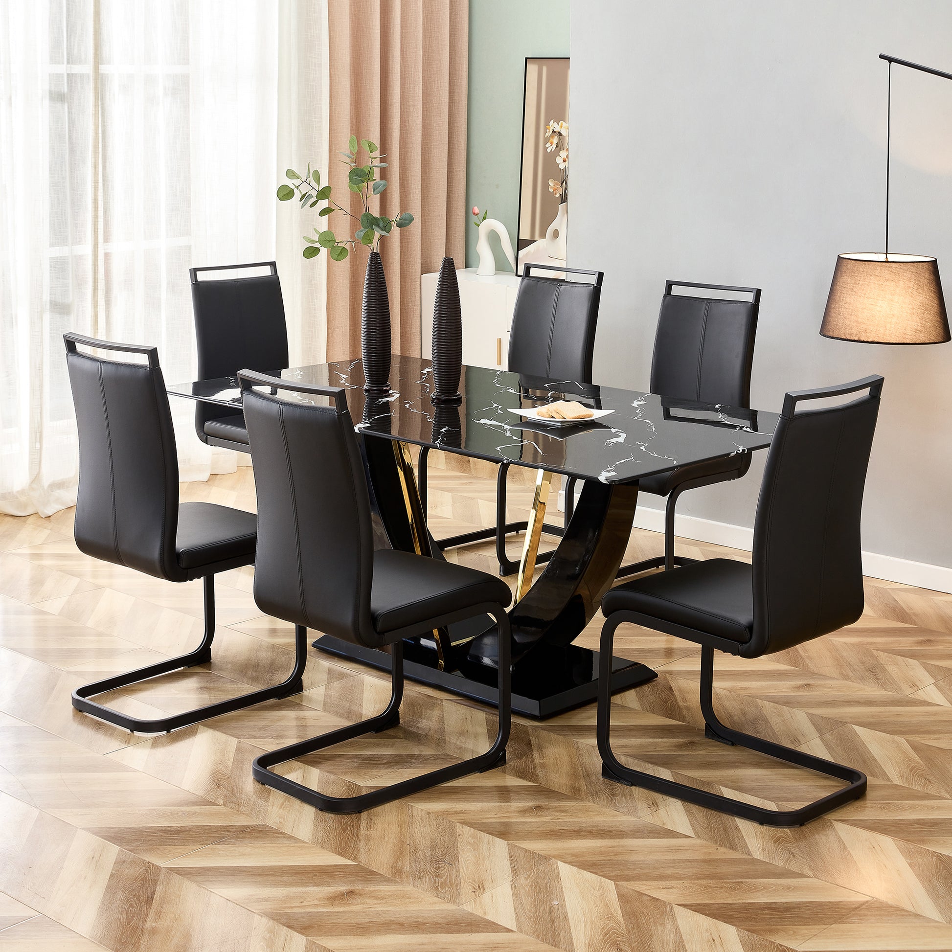 Table And Chair Set, Modern Dining Table, Patterned Table Top And Black Mdf Table Legs, Soft And Comfortable Dining Chair, Perfect For Dinner, Meetings, Home And Office Decor Black Mdf Glass