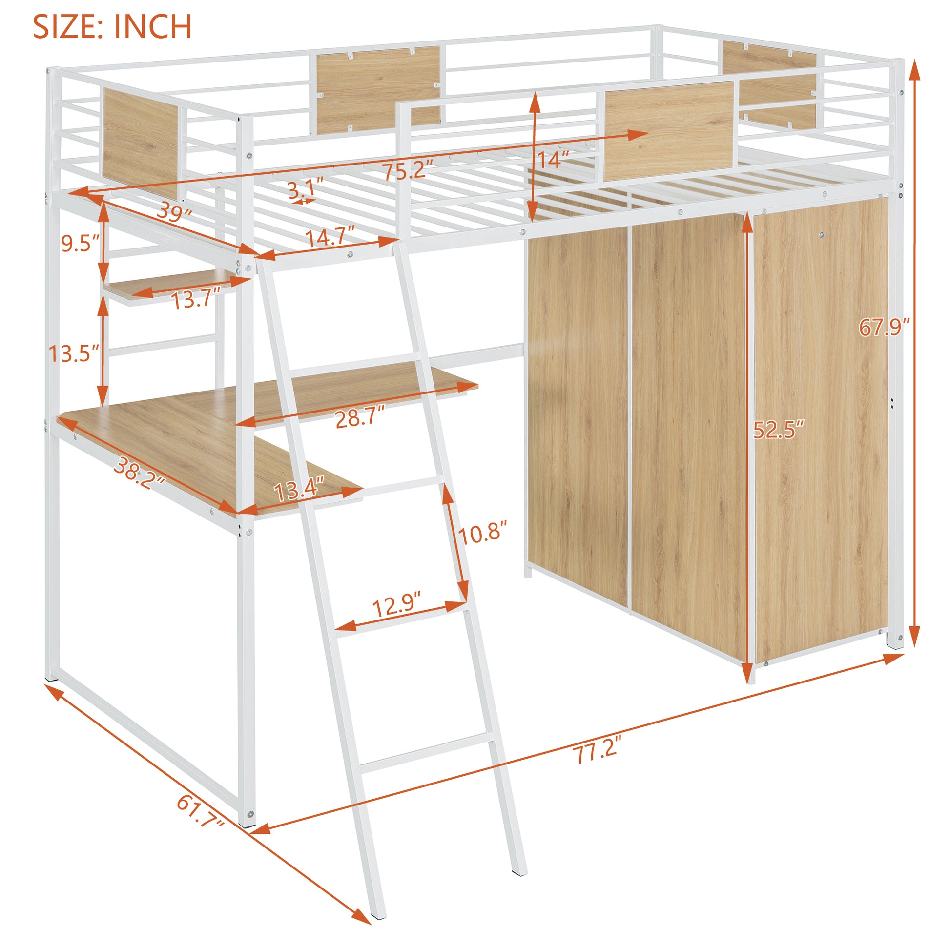 Twin Size Loft Bed With L Shape Desk And Wardrobe, White Twin White Metal & Wood