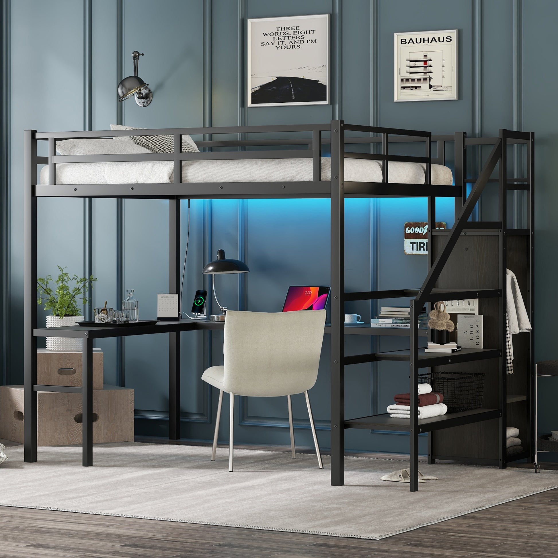 Full Size Loft Bed With L Shaped Desk And Usb, Metal Loft Bed With Wardrobe And Adjustable Shelf, High Loft Bed With Led For Kids Teens Adults, Black Full Black Metal