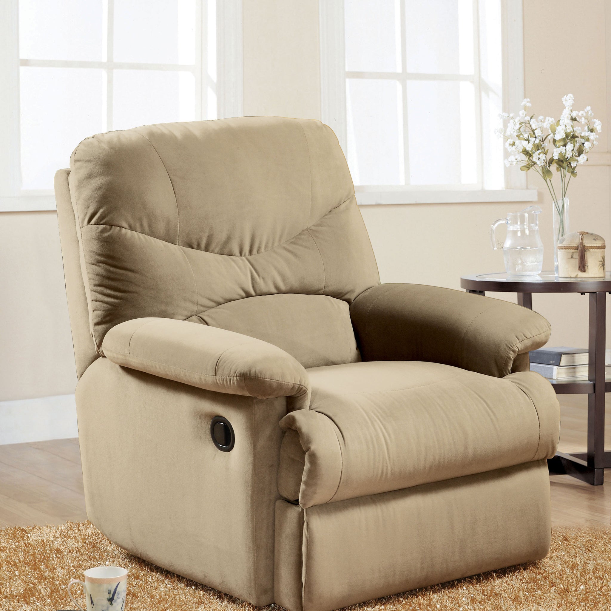 Beige Recliner With Pillow Top Armrest Beige Microfiber Manual Handle Metal Primary Living Space Tight Back Handle Pillow Top Arms Fabric Metal