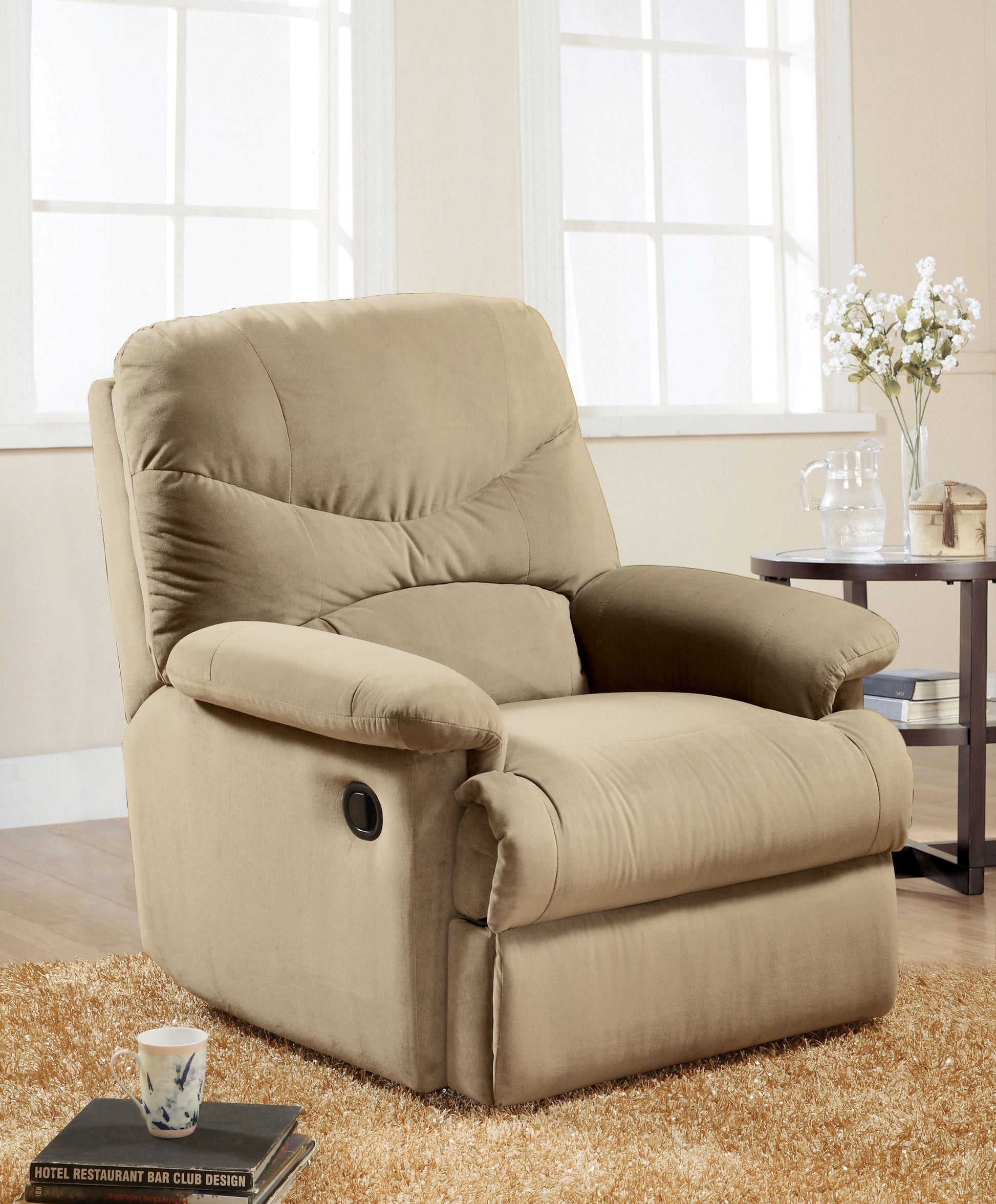 Beige Recliner With Pillow Top Armrest Beige Microfiber Manual Handle Metal Primary Living Space Tight Back Handle Pillow Top Arms Fabric Metal