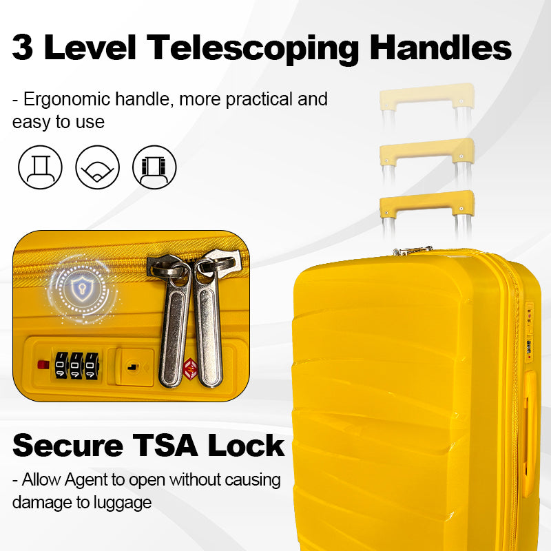 Hard Shell Luggage, 3 Piece Set, With Tsa Lock, 20 Inches 24 Inches 28 Inches Antique Yellow Polypropylene