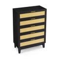 Bedroom 5 Drawer Dresser, Rattan Dresser Modern Wooden Chest Of Drawers With Spacious Storage Space For Bedroom Hallway Living Room Black Solid Wood Mdf