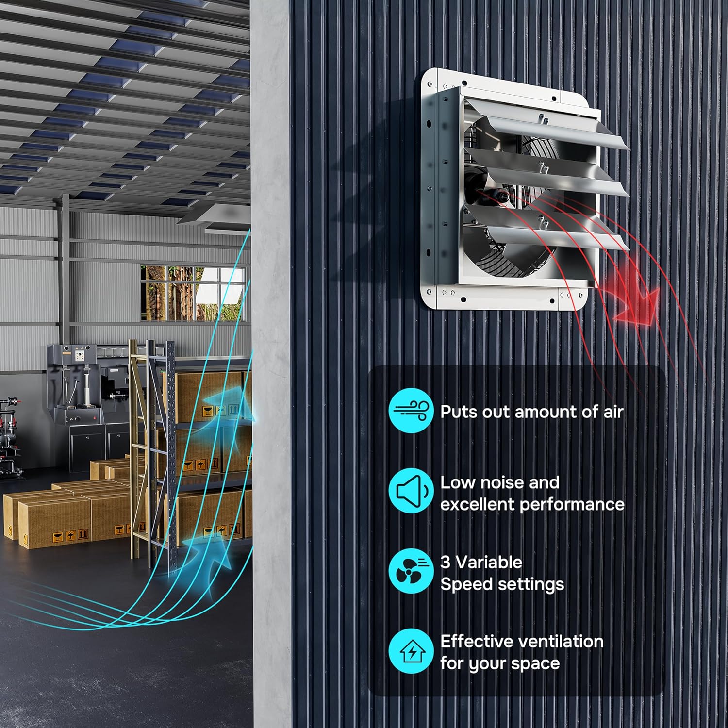 20 Inch Wall Mounted Shutter Exhaust Fan, Aluminum, 1200 Rpm, 3368 Cfm, For Attic, Garage, Louvered Vent, Plant, Greenhouse, Silver Silver Aluminium