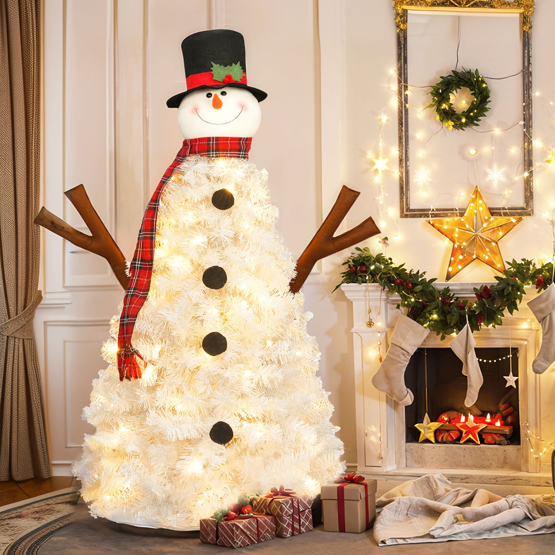 4Ft Pre Lit Christmas Tree With 100 Lights, Snowman Shaped Artificial Christmas Tree, Xmas Tree With 380 Branch Tips, Pvc Festival Celebration Decoration Inside And Outside White Pvc