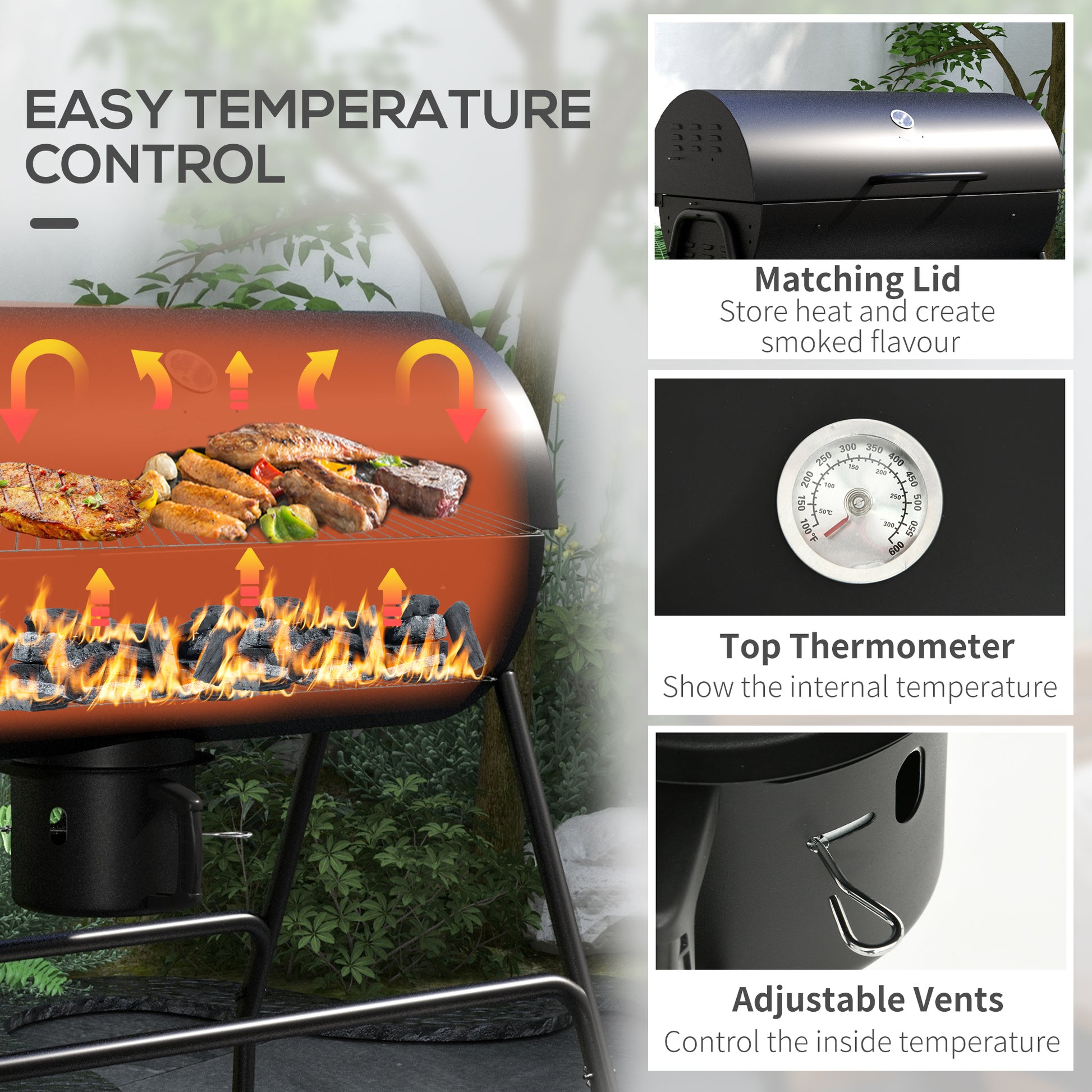 Outsunny Barrel Charcoal Bbq Grill With 420 Sq.In. Cooking Area, Outdoor Barbecue With Wheels, Ash Catcher And Built In Thermometer For Patio Picnic, Backyard Party, Black Black Steel