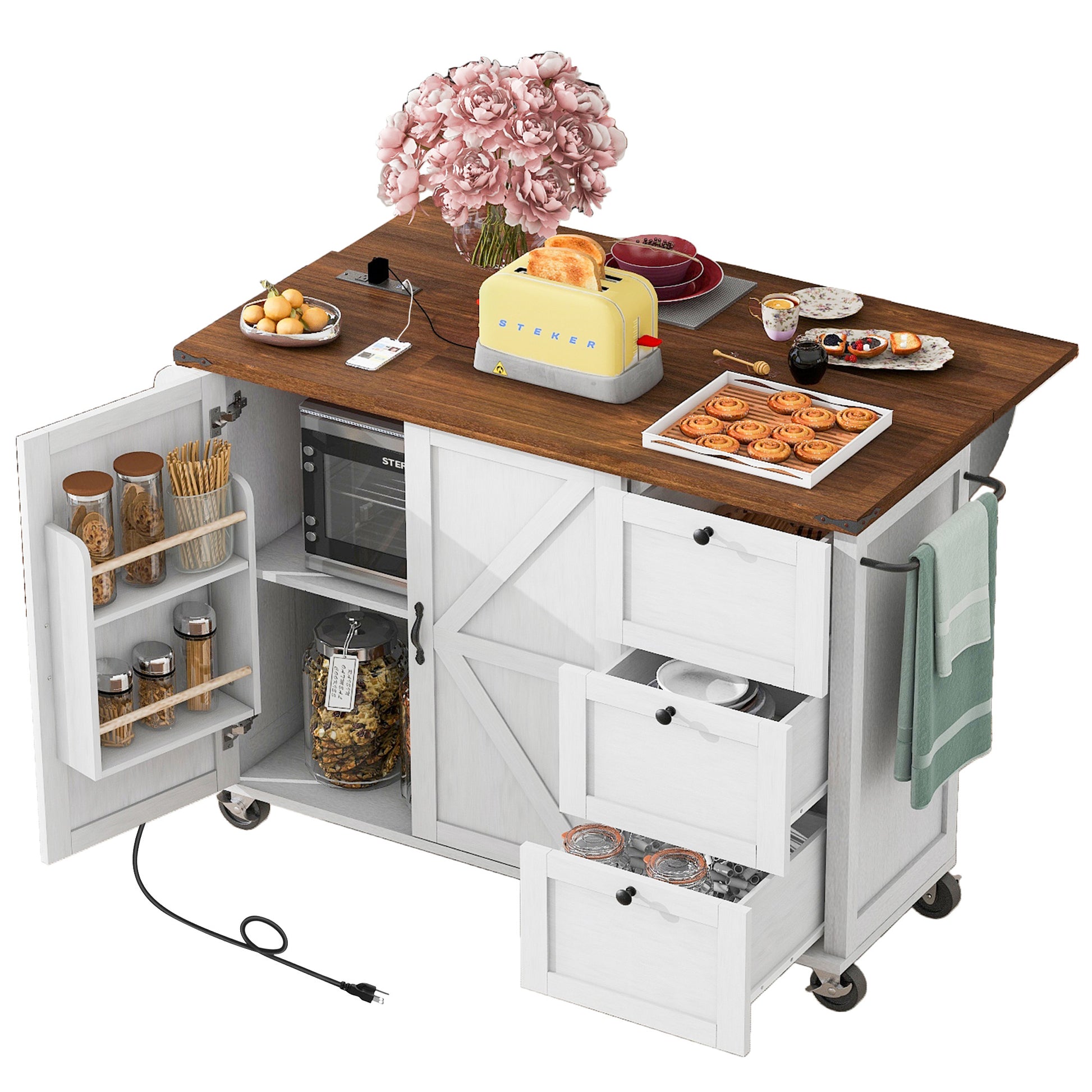 K&K 54.5" Farmhouse Kitchen Island With Power Outlet, Kitchen Storage Island With Internal Storage Rack, Drop Leaf, Spice Rack, Rolling Kitchen Cart On Wheels, For Home, Kitchen And Dining