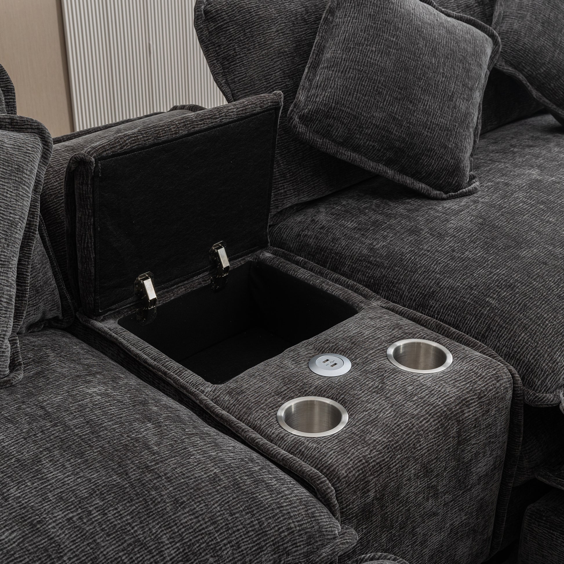 112.6" Sectional Sofa Chenille Upholstered Sofa With Two Removable Ottoman, Two Usb Ports, Two Cup Holders And Large Storage Box For Living Room, Black Black Foam Chenille 2 Seat