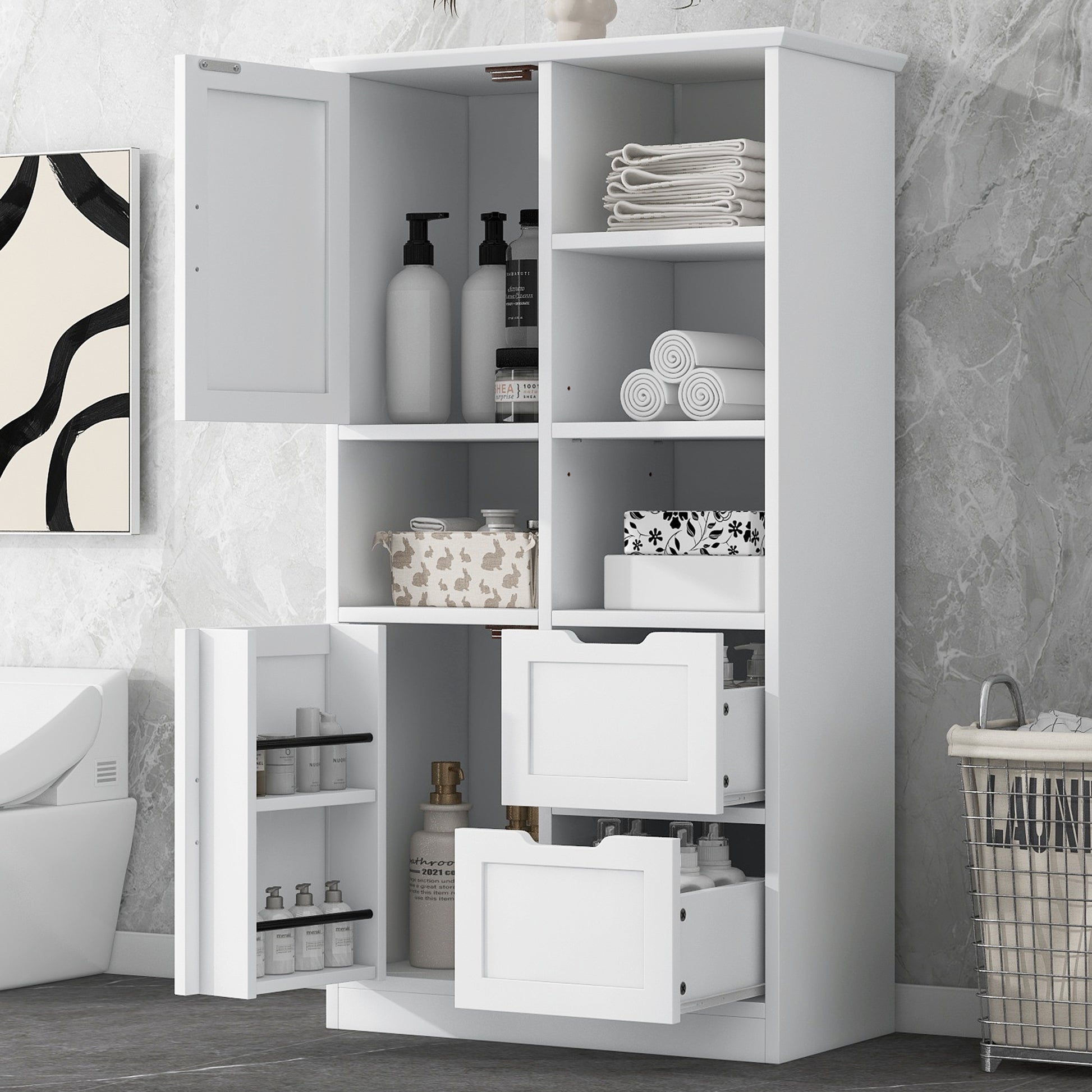 Bathroom Storage Cabinet With Doors And Drawers, Multiple Storage Space, Freestanding Style, Open Shelve, Adjustable Shelf, White White Mdf