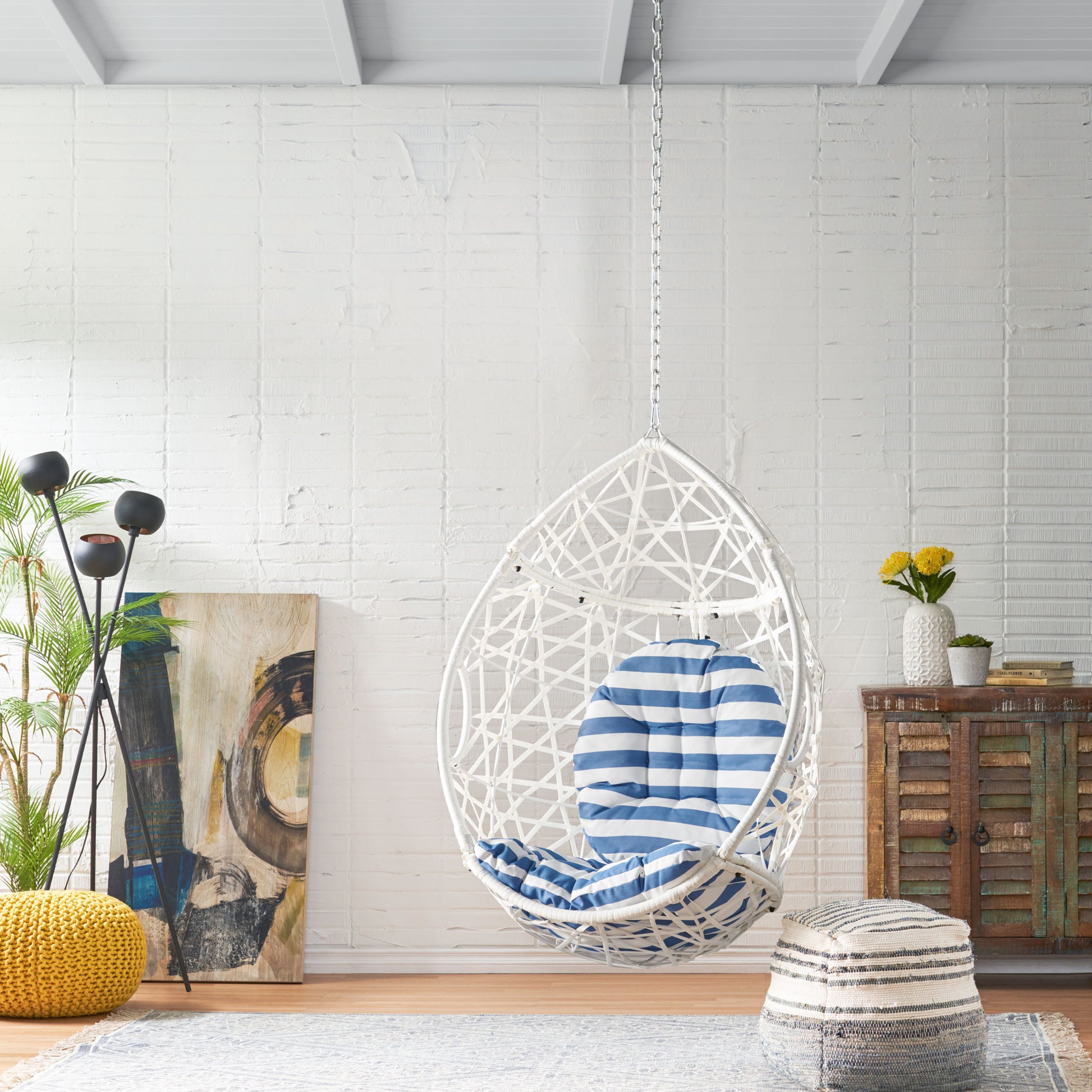 Los Alamitos Hanging Chair With 8Ft Chain White Blue Pe Rattan Iron Waterproof Fabric