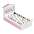 Twin Size House Shaped Wooden Bed With Storage Shelf On The Headboard, Built In Two Storage Drawers, Pink Pink White Wood