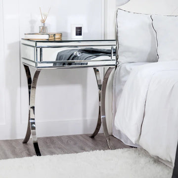 24" Tall Mirrored Nightstand 1 Drawer Metal Cross Legs Silver 1 Drawer Bedroom Bedside Cabinet Modern Mirrored Mirrored Mdf Metal,Mirror