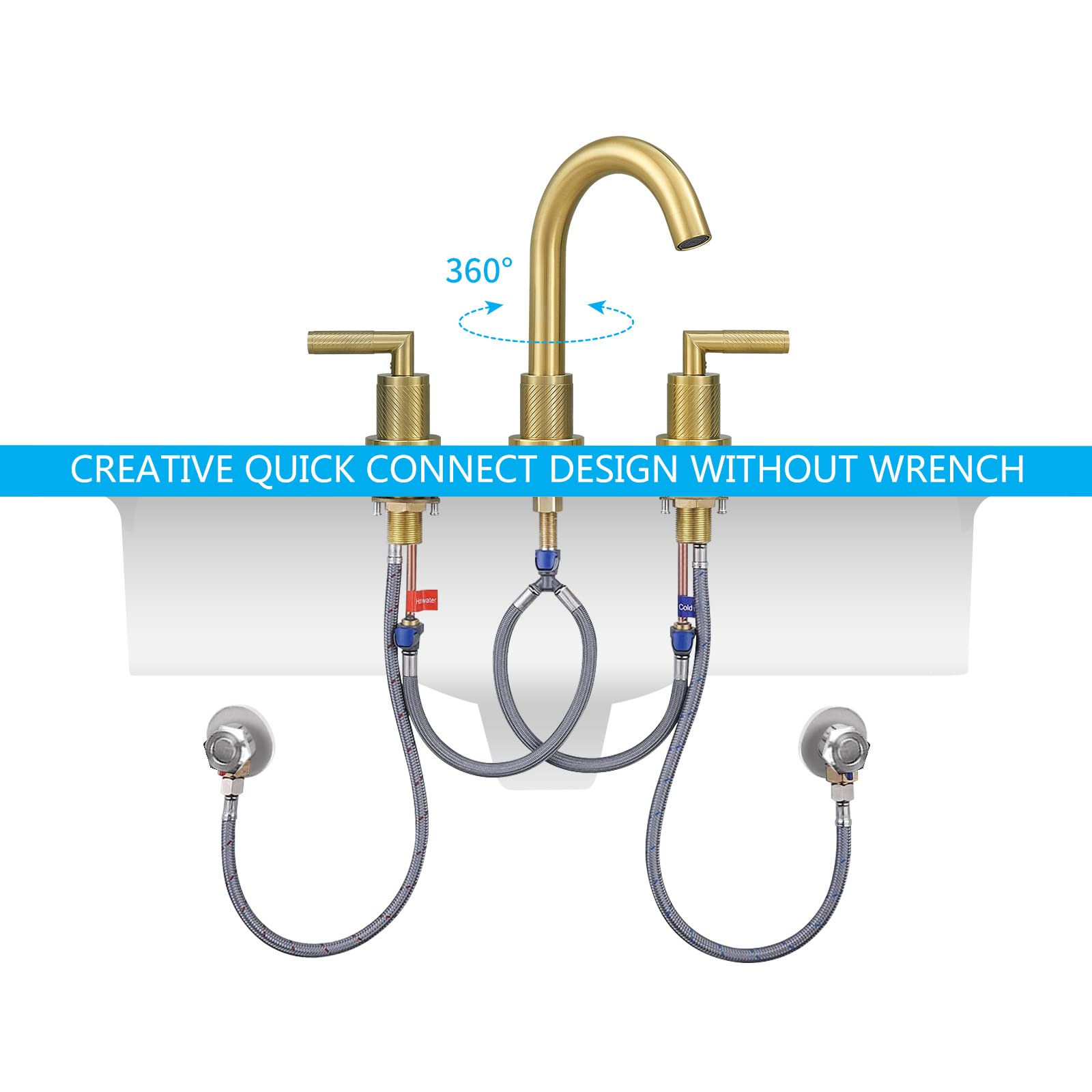 Gold Bathroom Faucet 2 Handle 8 Inch Bathroom Sink Faucets Stainless Steel 3 Hole Widespread With Pop Up Drain And Water Supply Hoses, Brushed Gold Brushed Gold Metal