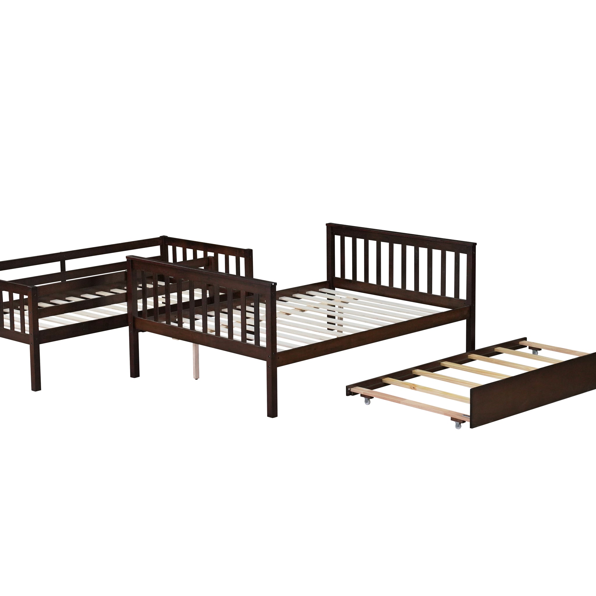 Twin Over Full Rubber Wood Bunk Bed With Trundle, Convertible Ladder And Guardrail, Detachable, Convertible Bed, With Twin Size Trundle ,Espresso Twin Espresso Rubber Wood